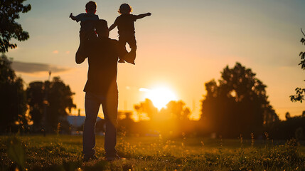 Wall Mural - Father and son playing in the park at the sunset time.