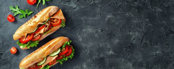 Wall Mural - Healthy sandwich flat lay with fresh ingredients, perfect for a nutritious and delicious meal, space for your text. Free copy space for banner.