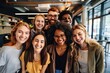 © Kava - Multicultural happy people taking group selfie portrait in the office, diverse people celebrating together, Happy teamwork and lifestyle concept