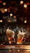© master1305 - Poster. Dynamic photo of foamy glasses of beer clinking in motion with splashes and droplets in air against blurred background of pub.