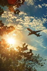 Wall Mural - Airplane Flying Through a Sunny Sky with Trees in the Foreground