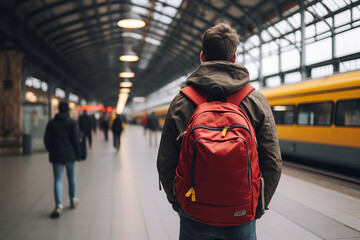 Wall Mural - AI generated image back view photo of young person standing in airport summer vacation