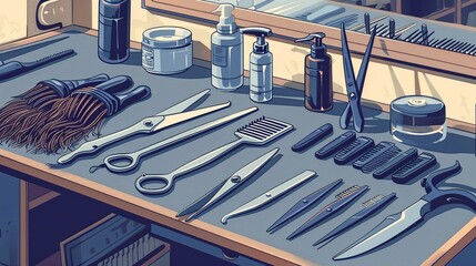 Tools for cutting and styling hair, such as combs and scissors, are shown on a table in this realistic vector artwork.
