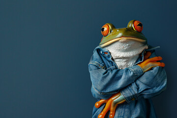 A frog wearing a denim jacket with its arms crossed, standing against a blue background