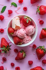 Wall Mural - Pink Ice Cream with Strawberries and Raspberries on a Pink Background