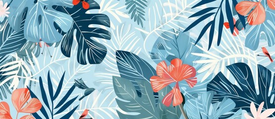 Tropical wallpaper print design with palm leaves, monstera leaves, birds, and texture. Exotic plants and birds over a textured background. Stock illustration.