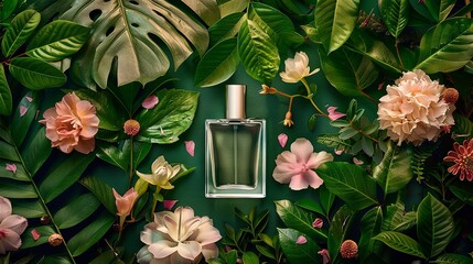 Wall Mural - A bottle of perfume is displayed amidst lush greenery and delicate flowers against a vibrant backdrop of emerald hues.