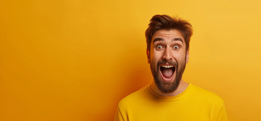 Wall Mural - A man with a beard is smiling and laughing while standing in front of a yellow wall. Concept of happiness and joy. wow saying success celebrating laughing happy excited shocked feeling man crazy
