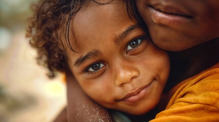 Wall Mural - Close-up of a child's face being hugged by another person.