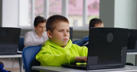 Portrait Of Little Smart Boy In Computer-Based Classroom, Young Student Of Programming Classes