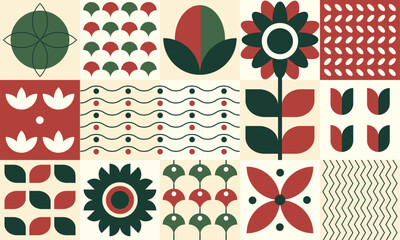 Wall Mural - Geometric plants in a flat style, tiles pattern design, wallpaper with petals, leaves, geometric forms and shapes. Vector illustration.