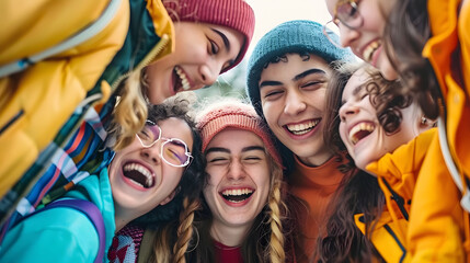 A group of friends, all wearing bright clothing and flashing toothy smiles, laugh and bond over shared experiences, showcasing the joy and camaraderie of youth and the power of friendship