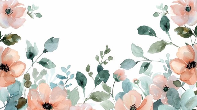 Watercolor floral border with soft pink flowers and green leaves on a white background.