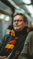 Wall Mural - A man wearing glasses and a scarf on a train.