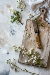 Sticker - White Flowers and a Knife on a Wooden Board