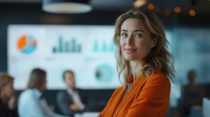 Wall Mural - A woman in an orange jacket standing in front of a boardroom.