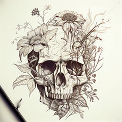 Wall Mural - Skull and flowers tattoo idea sketch on white background