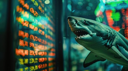 Wall Mural - A shark in a trading floor aquarium, embodying aggression and dominance in financial markets