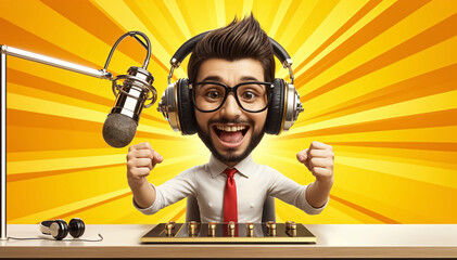 Wall Mural - Behind the Mic: The Ultimate 3D Caricature of a Trendy Radio Host in Action