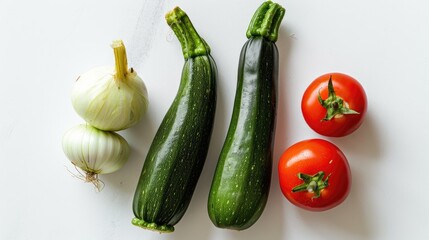 Canvas Print - Fresh zucchini onions and tomato placed separately on a plain white surface