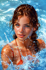 Wall Mural - A woman is in the water with her hair wet. She is smiling and looking at the camera