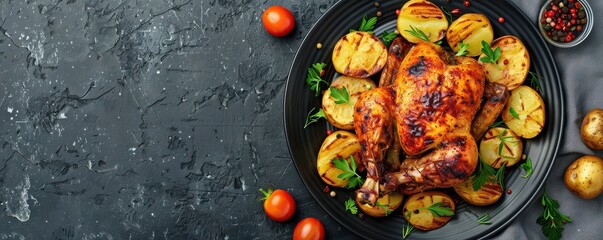 Wall Mural - Roasted baked chicken with potatoes and herbs on a dark plate, an appetizing and rustic gourmet meal. Free copy space for banner.