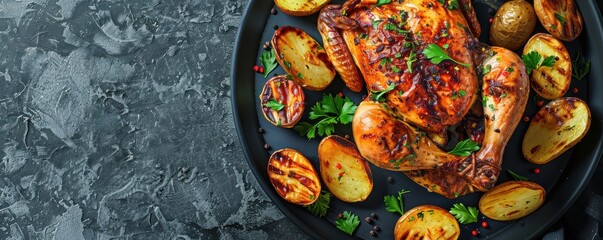 Wall Mural - Roasted baked chicken with potatoes and herbs on a dark plate, an appetizing and rustic gourmet meal. Free copy space for banner.