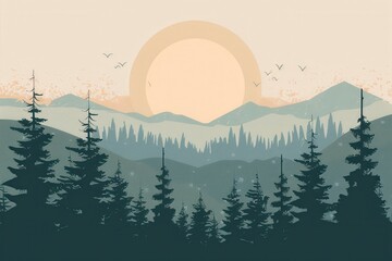 Aufkleber - A serene landscape painting depicting a mountain range silhouetted against a dawn sky, with soft pastel hues and a large sun rising above the peaks. Generative AI