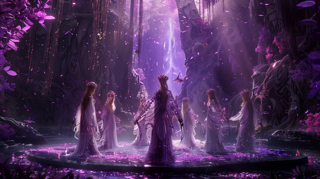 A group of women in white dresses are standing in a circle. The women are holding hands and appear to be dancing. The scene is set in a purple forest with a purple background