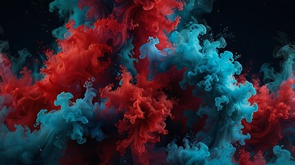 Wall Mural - A mesmerizing composition of swirling bule cyan red smoke adorned with sparkling glitter particles, creating an ethereal and luxurious abstract background.