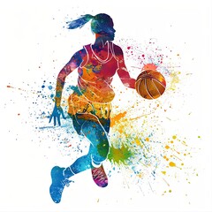 watercolor painting of a basketball player, with vibrant splashes of color highlighting the athleticism and movement against a white backdrop.