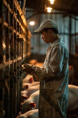 Wall Mural - Portrait of an Asian farm technician checking temperature in a pig barn, high detail, photorealistic, professional setting, bright lighting
