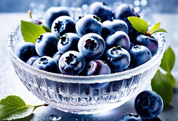 Wall Mural - fresh frozen blueberries transparent glass bowl white background, blueberry, fruit, healthy, organic, natural, berry, juicy, delicious, sweet, ripe