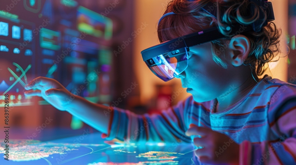 A child wearing AR glasses, exploring a holographic map for a geography ...