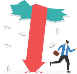 Wall Mural - Business failure, economic recession or investment loss or stock market falling down, crisis or crash, investing risk or depression concept, failed businessman run away from falling down arrow chart.
