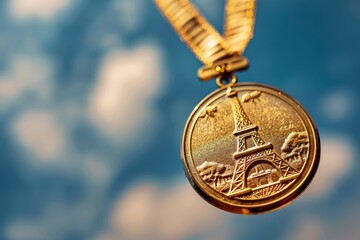 French gold medal with Eiffel Tower on it, isolated on blue. Travel landmark, copy space