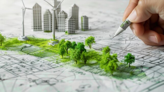 Sustainable Urban Planning with Green Architecture and Wind Turbines