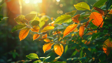 Sticker - Close-up of leaves with sunlight filtering through creating a warm and inviting atmosphere in nature