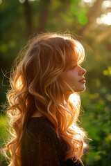 Wall Mural - Profile of a woman with long curly hair backlit by sunlight in a park