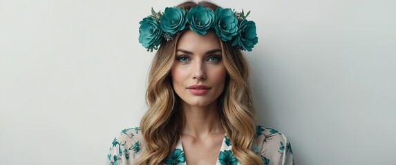 Wall Mural - pretty woman with teal flowers crown on plain white background for banner with copy space