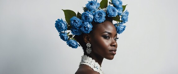 Wall Mural - african woman with blue flowers crown on plain white background for banner with copy space