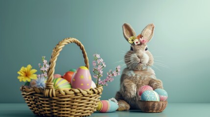 Wall Mural - Cute bunny rabbit with Easter eggs