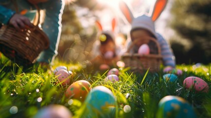 Wall Mural - kids picking up beautiful easter eggs at outdoor lawn