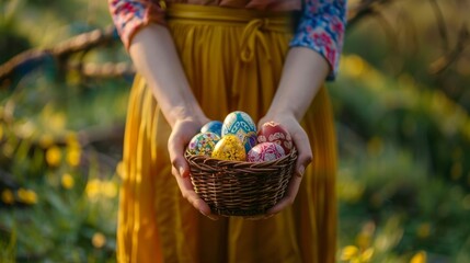 Wall Mural - closeup view of a full basket of beautiful easter eggs in the hands of a girl