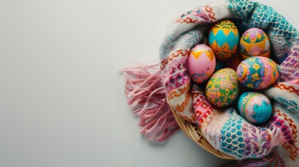Wall Mural - top view of beautiful easter eggs with scarf on table