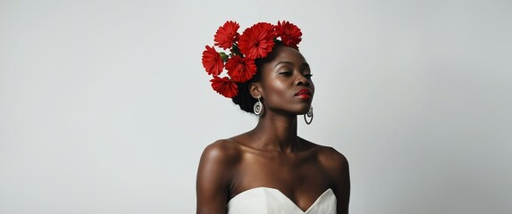 Wall Mural - african woman with red flowers crown on plain white background for banner with copy space