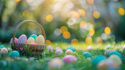 Wall Mural - a full basket of colorful easter eggs on outdoor lawn