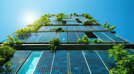 Eco-friendly building facade with solar panels.