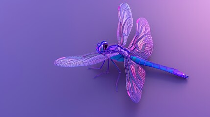 Wall Mural - A metallic dragonfly with pink and blue wings on a purple background.