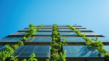 Eco-friendly building facade with solar panels.